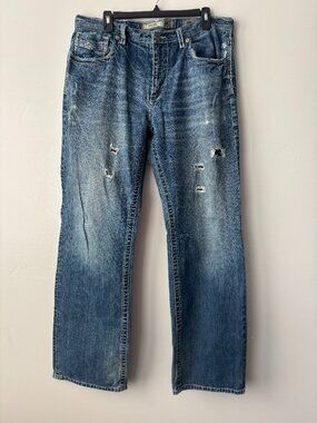 BKE Tyler Mens Relaxed Straight Jeans Medium Wash Distressed Denim 36L